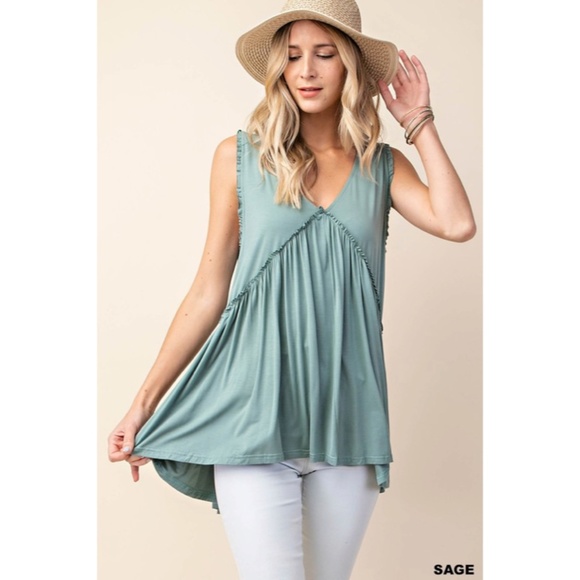 Tops - SOLD OUT Sage Soft Frilly Ruffle Raw Edge V-Neck Solid Casual Swing Sleeveless